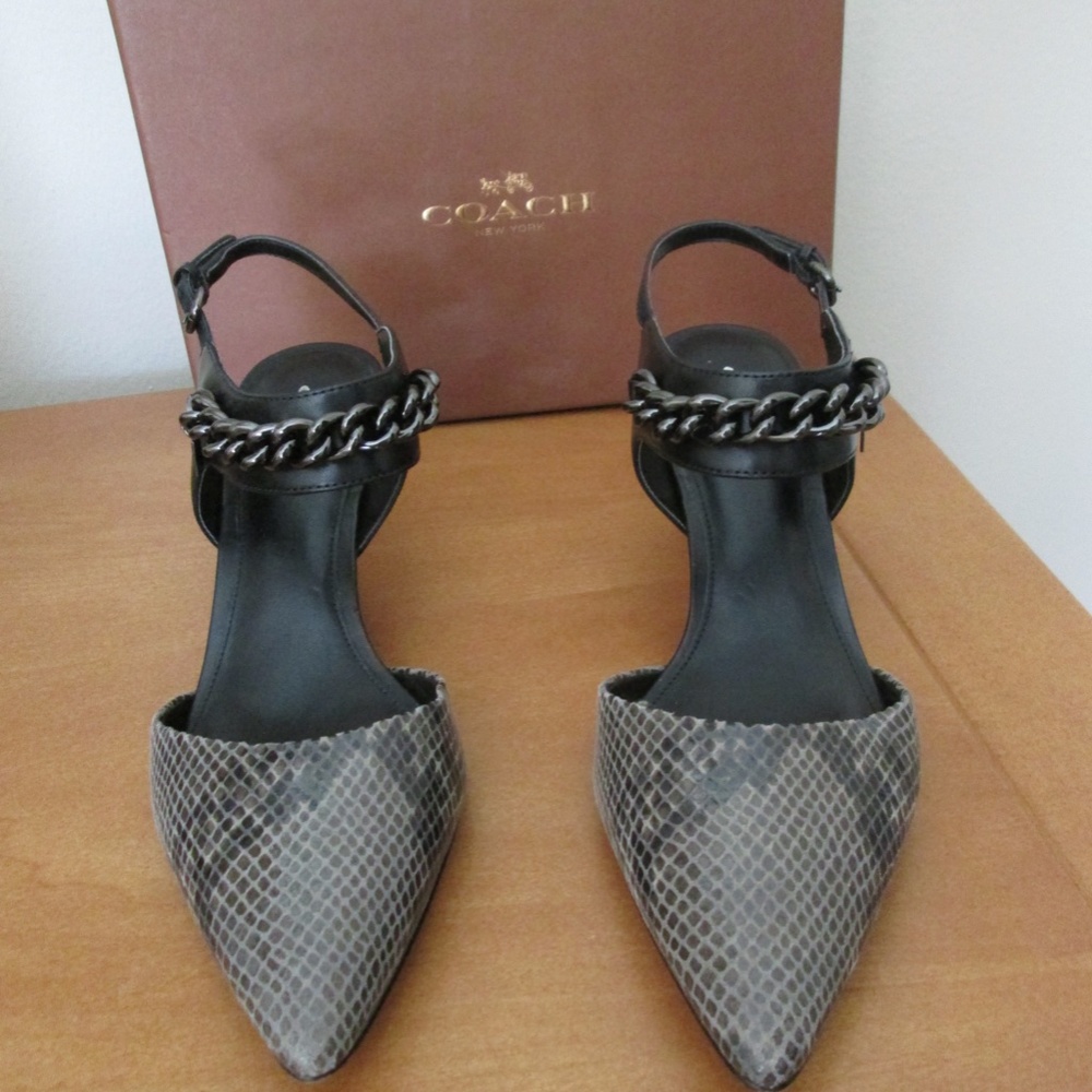Coach Pointed Toe Snake-Print Heels with Black Chain Strap